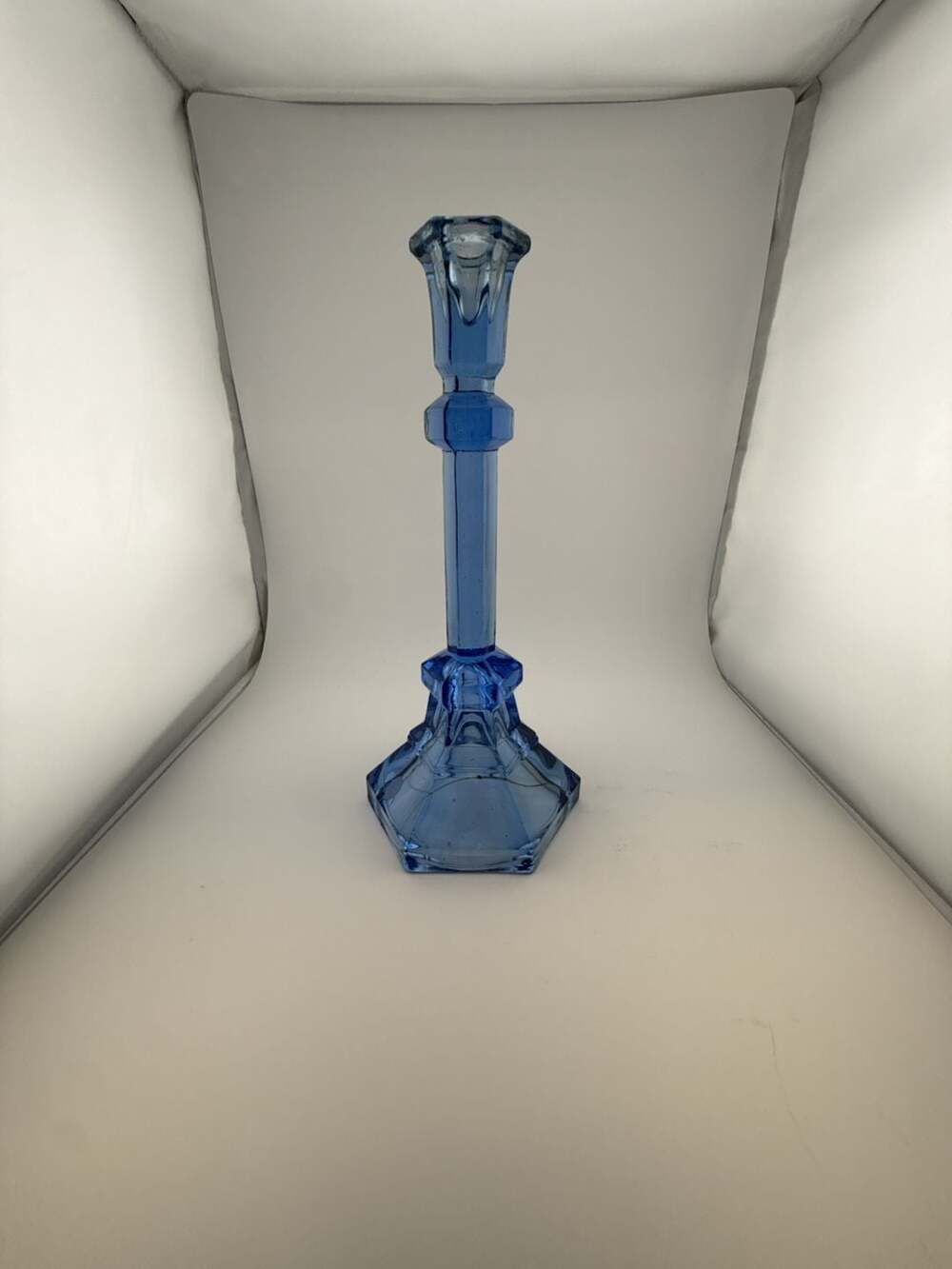 Vintage Cobalt Blue Glass Candlestick Holders: Art Deco Geometric Ribbed Design